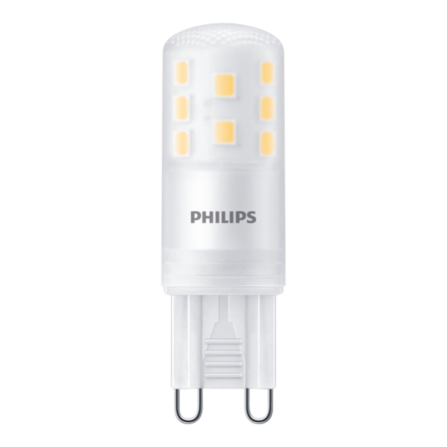 Philips LED-pære G9 470 lm, cylinderformet mat hvid, synlige gule dioder, bi-pin sokkel, varm hvid belysning.