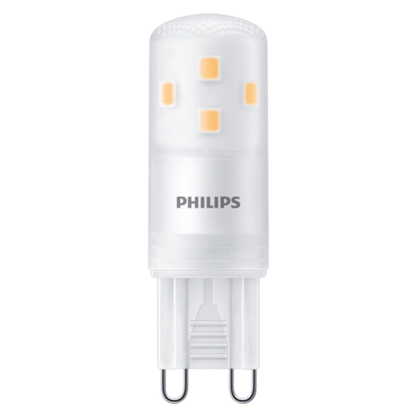 Philips LED-pære G9 300 lm dæmpbar, frostet hvidt cylindrisk cover, to metalben, synlige gule dioder.