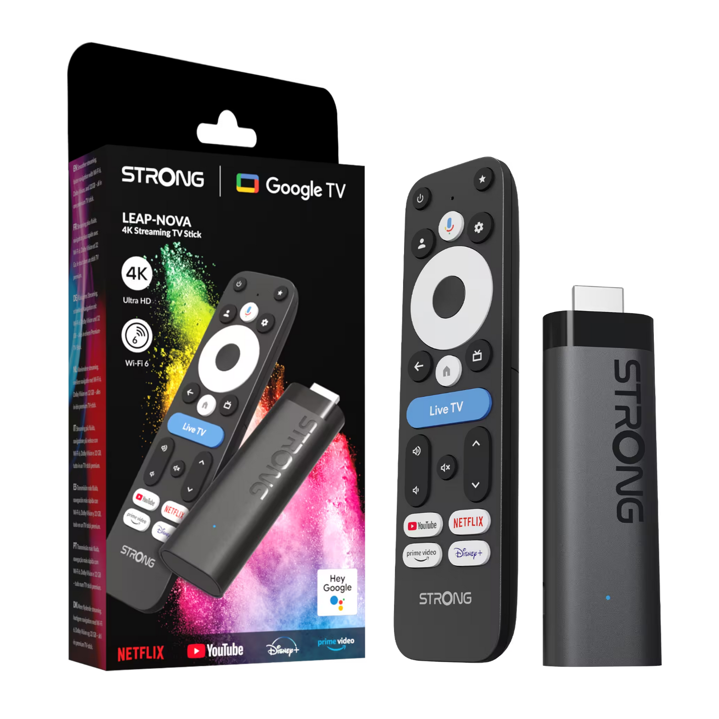 Strong LEAP-NOVA 4K Google TV Stick 32 GB med fjernbetjening, emballage, Wi-Fi 6 og appgenveje til streamingtjenester.