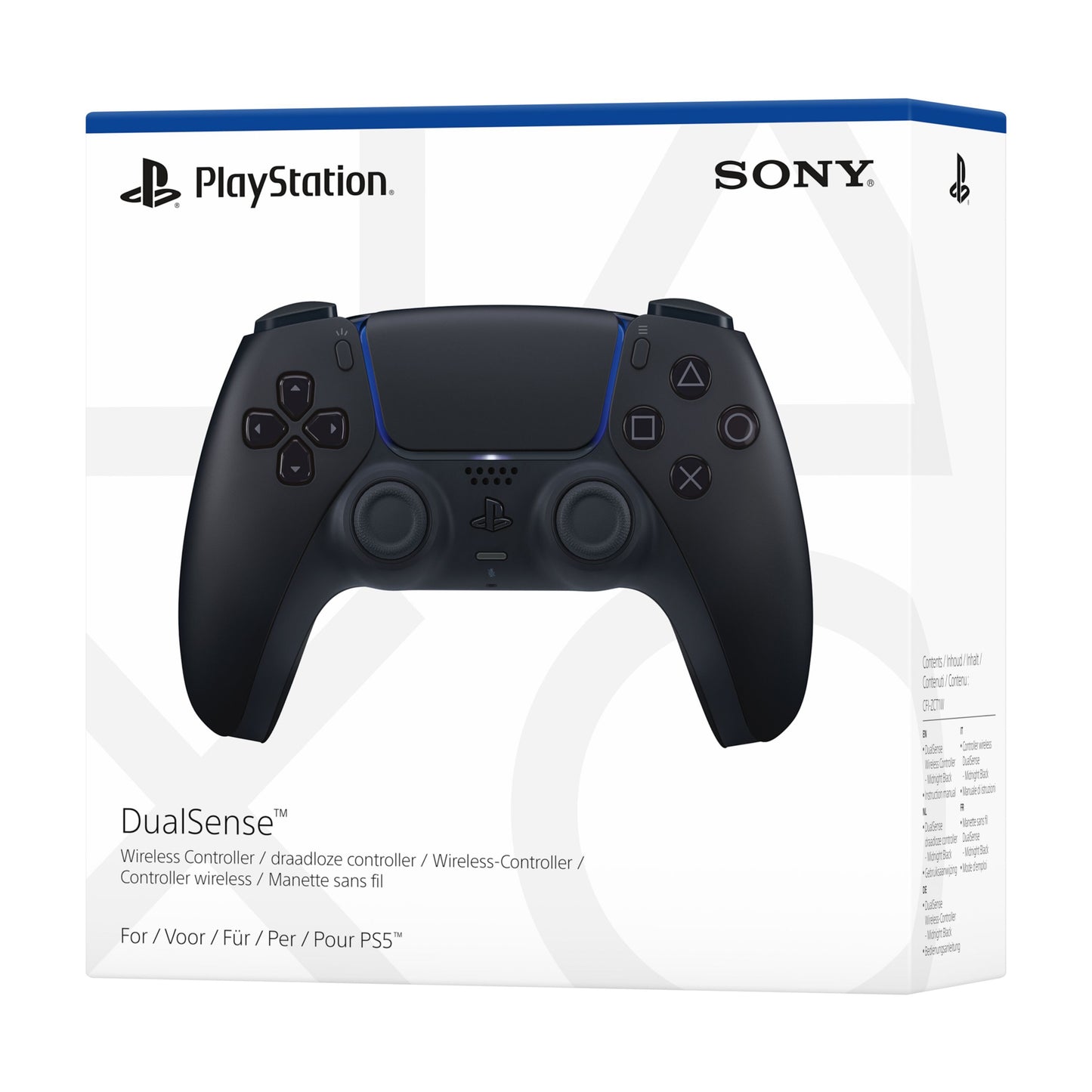 Sony DualSense V3 Trådløs controller sort på original hvid/blå æske med PlayStation- og Sony-logo, produktnavn, modelinfo.