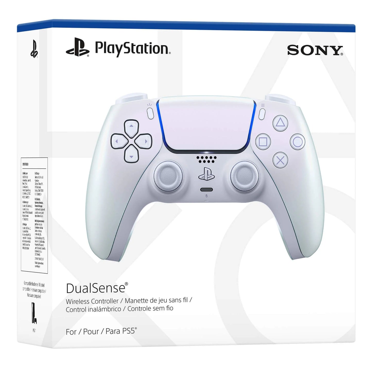 Sony DualSense V3 Trådløs controller Chroma Pearl i emballage med Sony-logo, modelnavn og flersproget produkttekst.