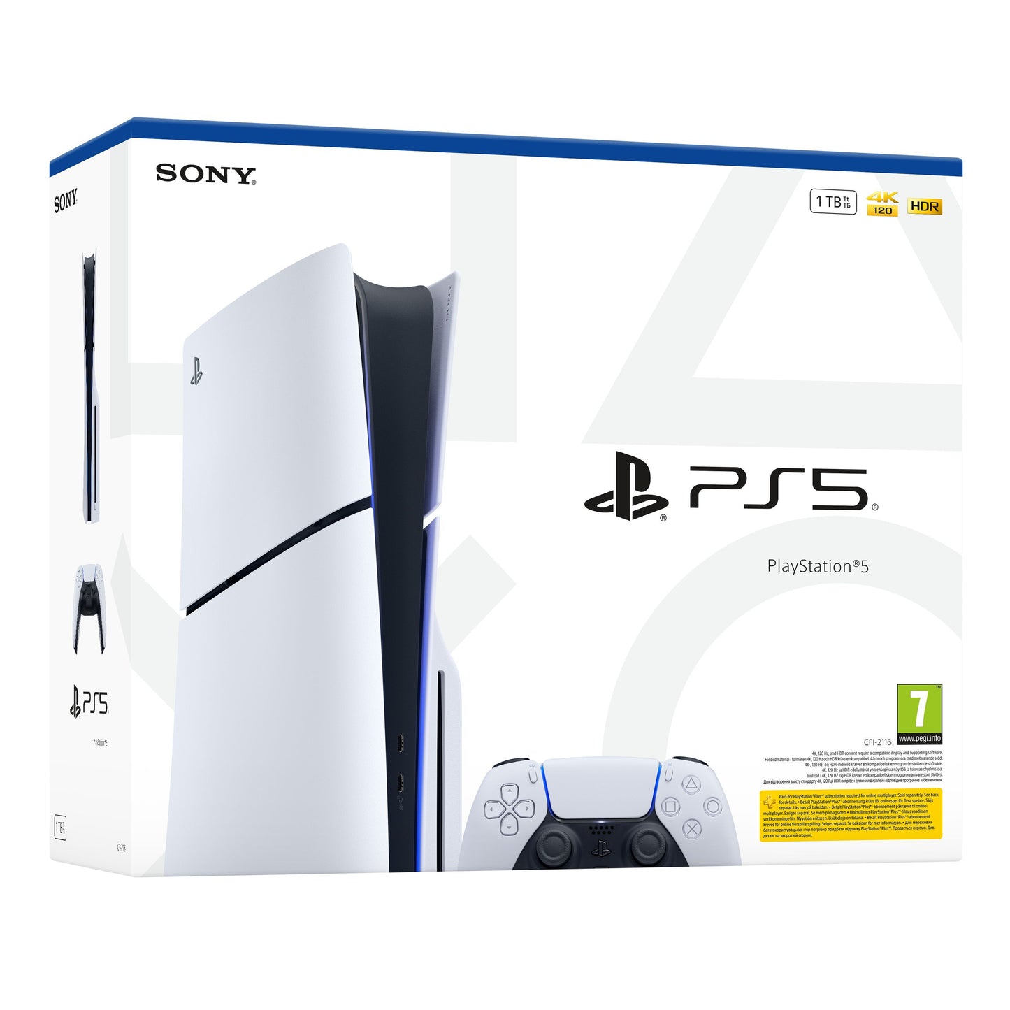 PlayStation 5 Slim Standard Edition 1TB SSD æske med PS5 og controller, PS5-logo, 4K gaming, HDR, PEGI 7-mærkning.