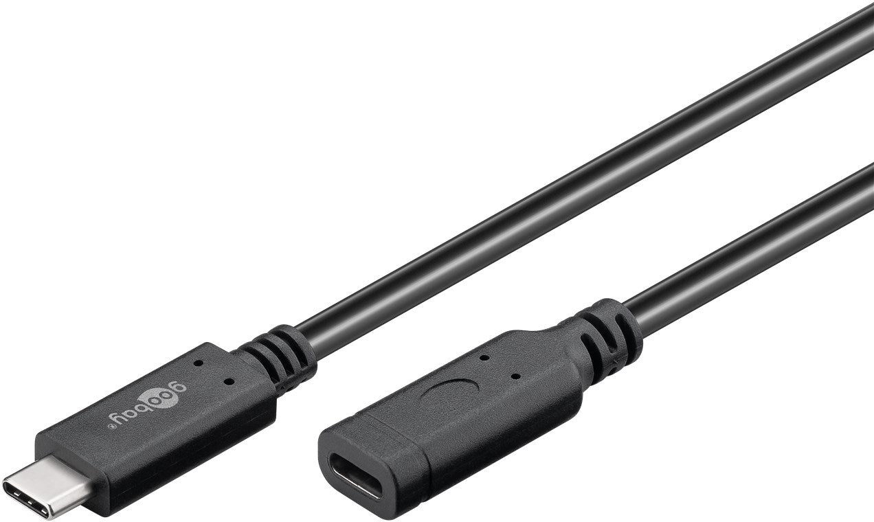 USB-C forlængerkabel 1 m sort med han USB-C stik og hun USB-C port.