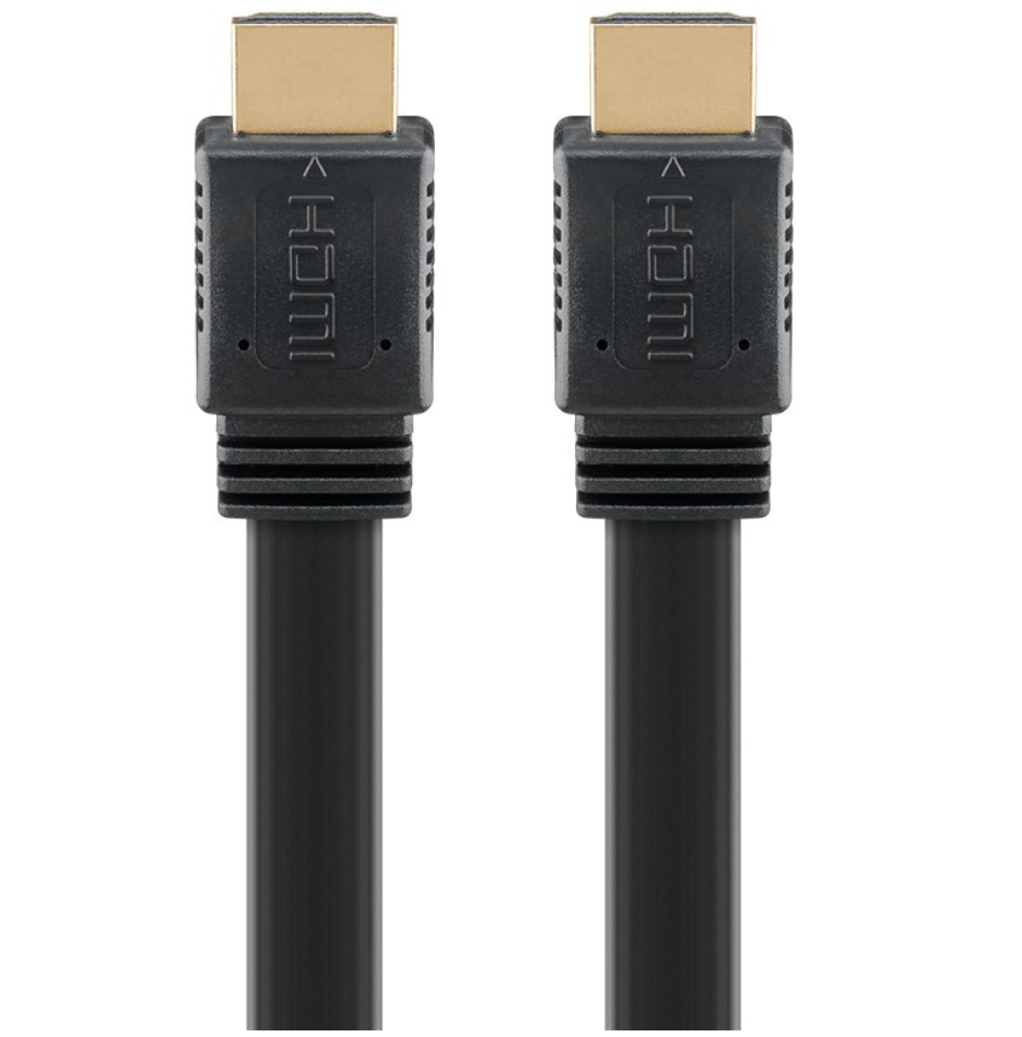 HDMI 2.1 fladt kabel 8K/60Hz, 1 m, sort, guldbelagt stik med HDMI-logo trykt på hvert stik, vises side om side.