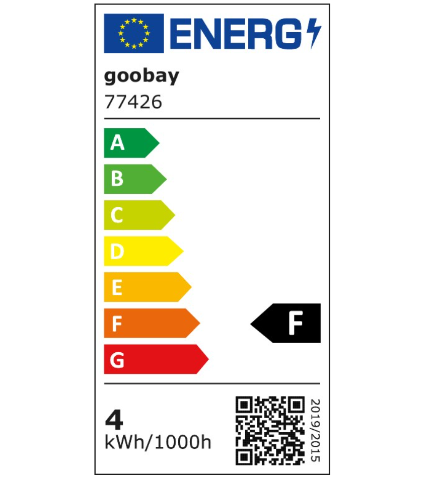EU-energimærke til Goobay E14 LED køleskabspære 3,5W F A-G 4kWh/1000h varm hvid 3000K 300° QR-kode og EU-flag øverst.