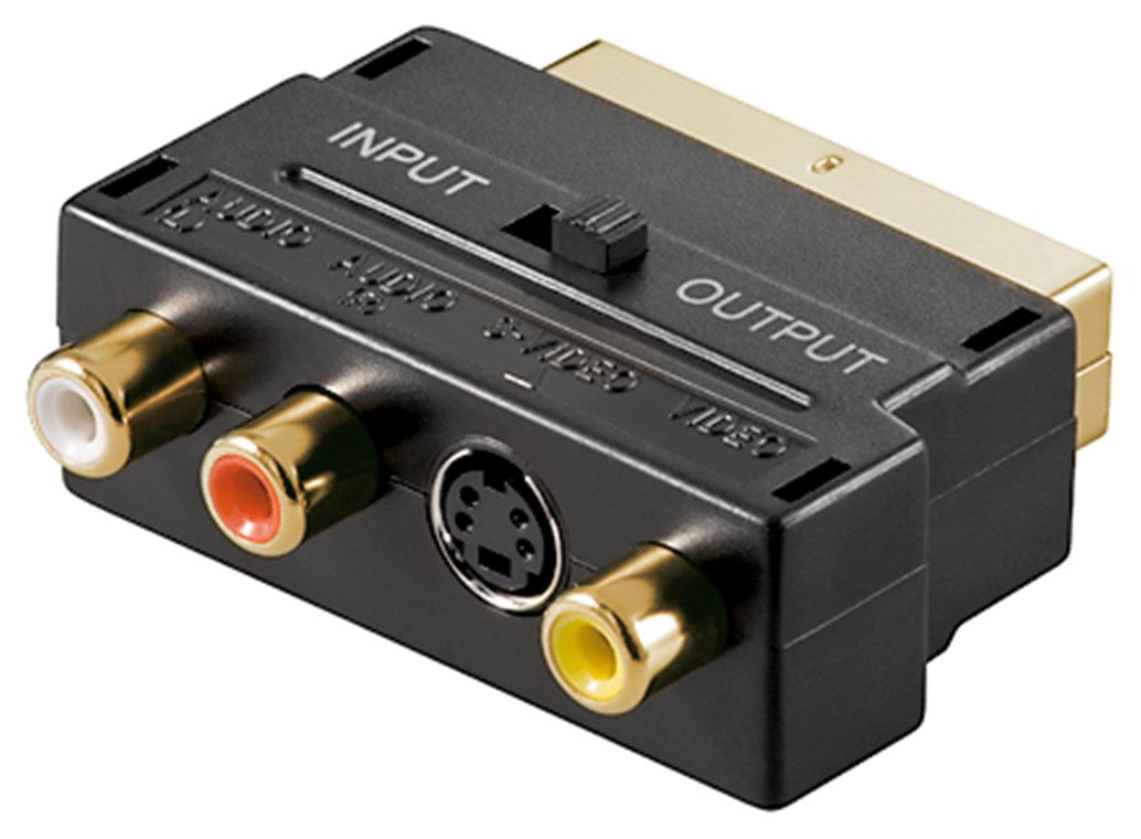 Scart til Komposit/S-Video adapter sort, SCART omskifter, 3x RCA (rød/hvid/gul), S-Video port, Input/Output switch.