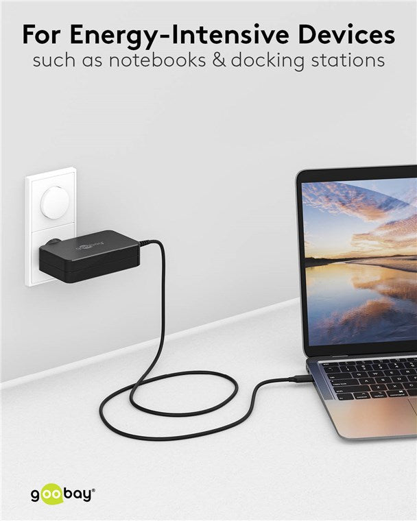 Goobay USB-C oplader 90W til bærbar, tilsluttet stikkontakt med Power Delivery 3.0, tekst: Til energikrævende enheder.