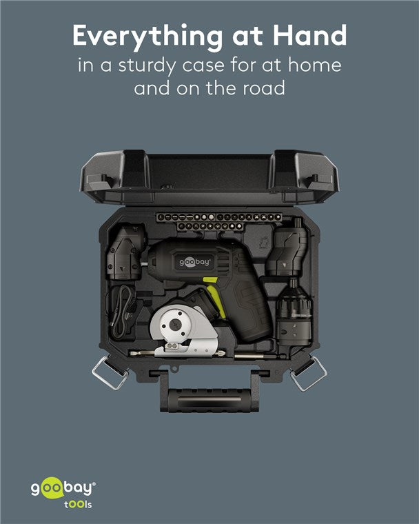 Goobay 4-i-1 mini batteridrevet skruetrækkersæt 35 dele i sort etui med kompakt skruetrækker og tilbehør, Goobay-logo.