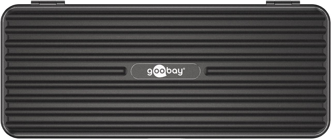 Goobay sorterer ribbet plastetui med afrundede hjørner og centralt Goobay-logo til 58-i-1 elektrisk skruetrækker med bitsæt.