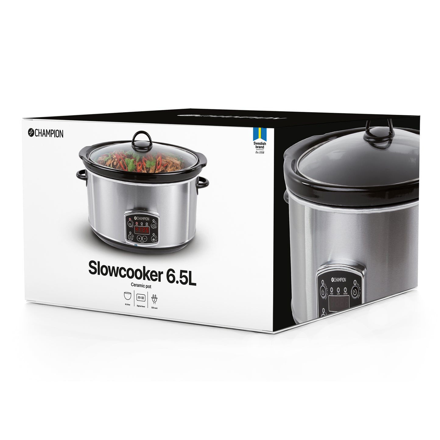 Champion slowcooker 6,5 L digital display og keramisk gryde i æske med modelnavn, produktinfo og madretter.