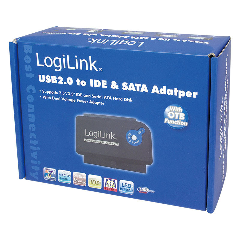 LogiLink USB 2.0 adapterkit blå, til IDE/SATA harddiske 2,5"/3,5", One Touch Backup, dual voltage strømforsyning.