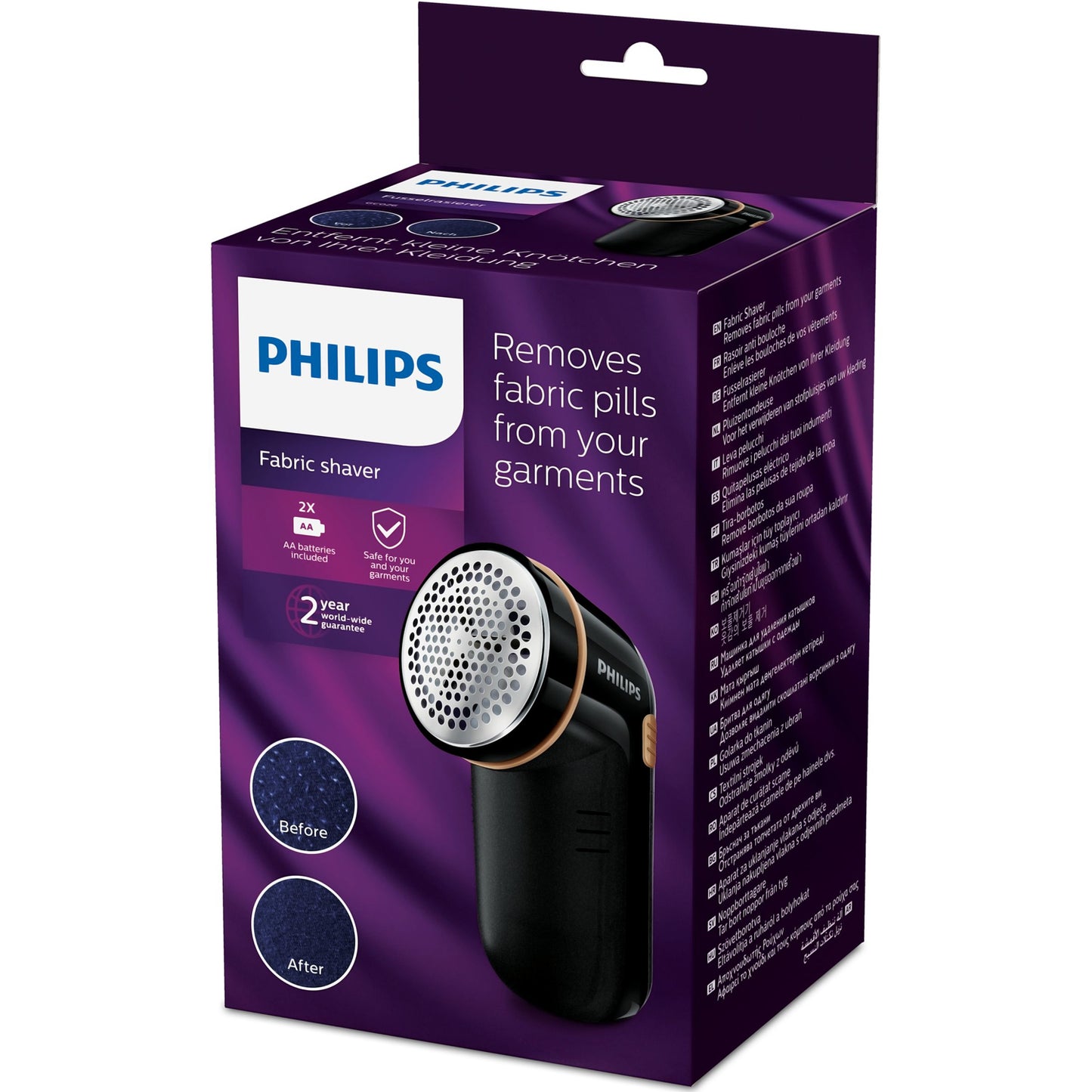 Philips GC026/80 fnugfjerner æske med enhed, før/efter-billeder, nøglefunktioner og 2 års garanti badge.