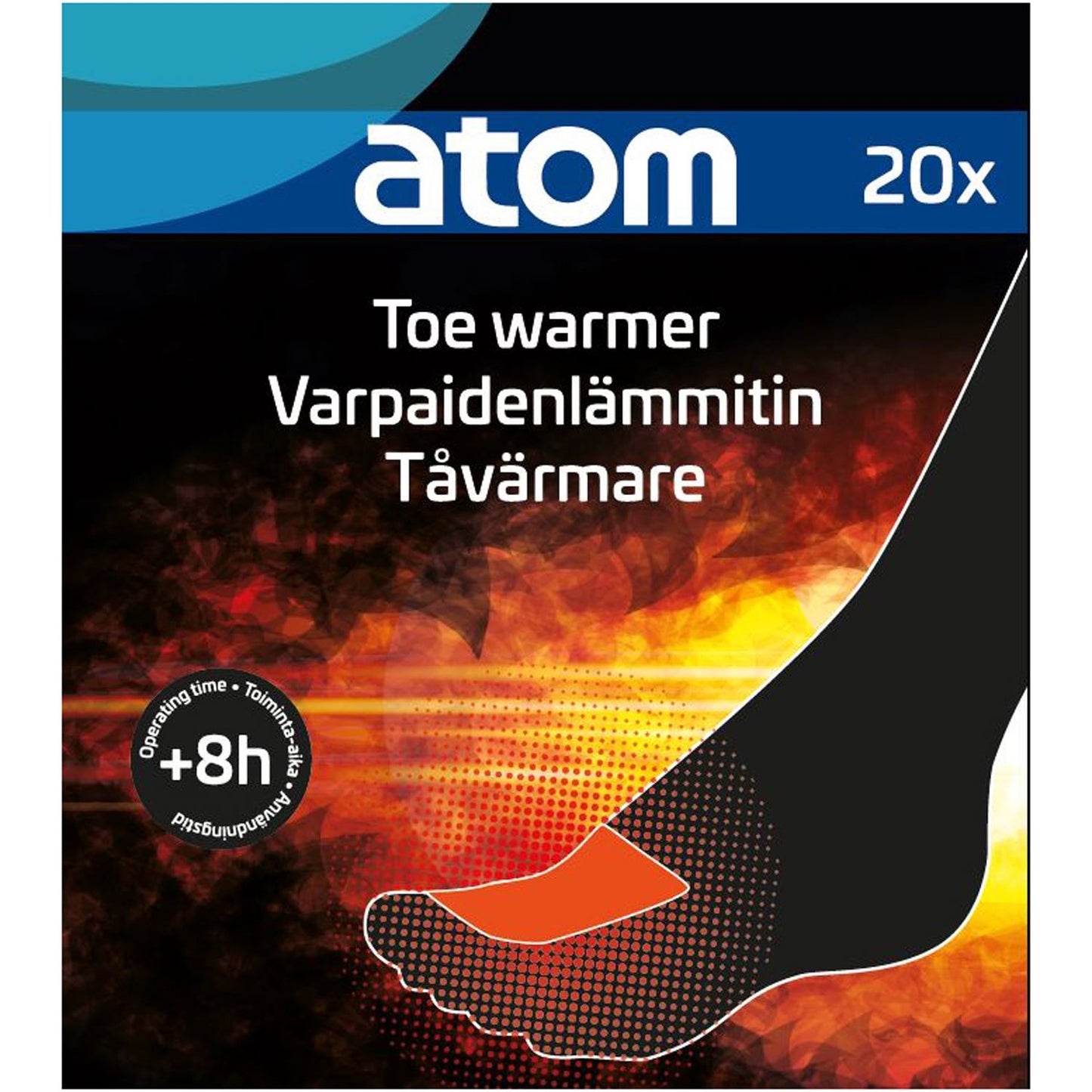 Tåvarmare snabbverkande varmepads 20-pak emballage med rød-orange fod, "20x", "+8h driftstid", info på flere sprog.