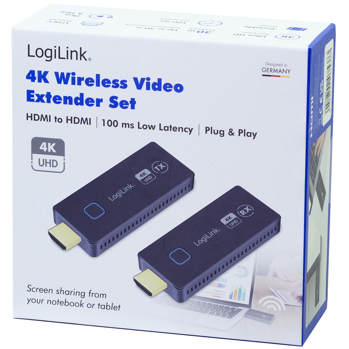 LogiLink HDW0102 4K trådløs HDMI videoforlænger, 30 m, til at tilpasse, HDMI til HDMI, lav latenstid, plug play.