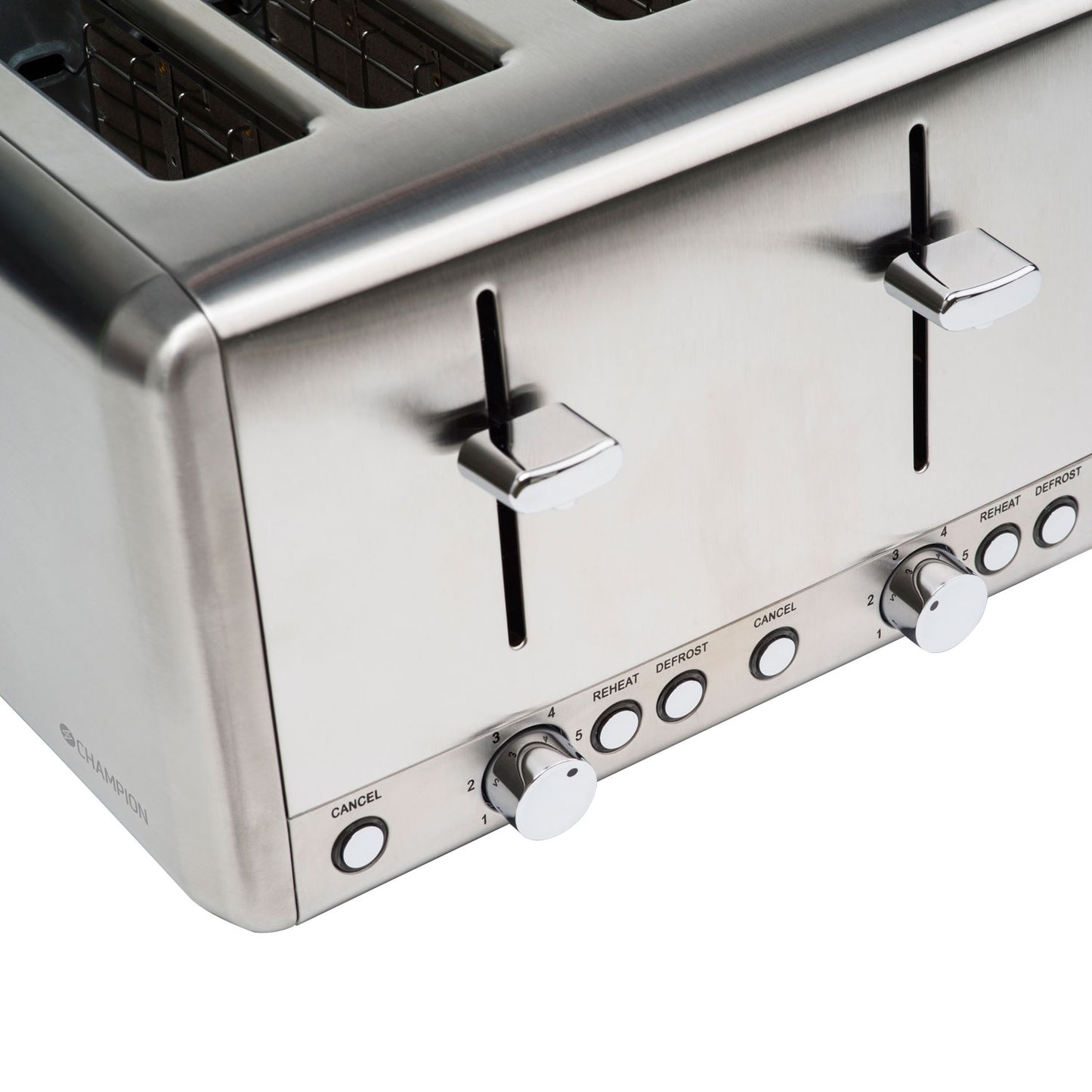 Champion brødrister 4 skiver 1000W justerbare ristningsniveauer synlige slots håndtag knap Cancel Reheat Defrost.