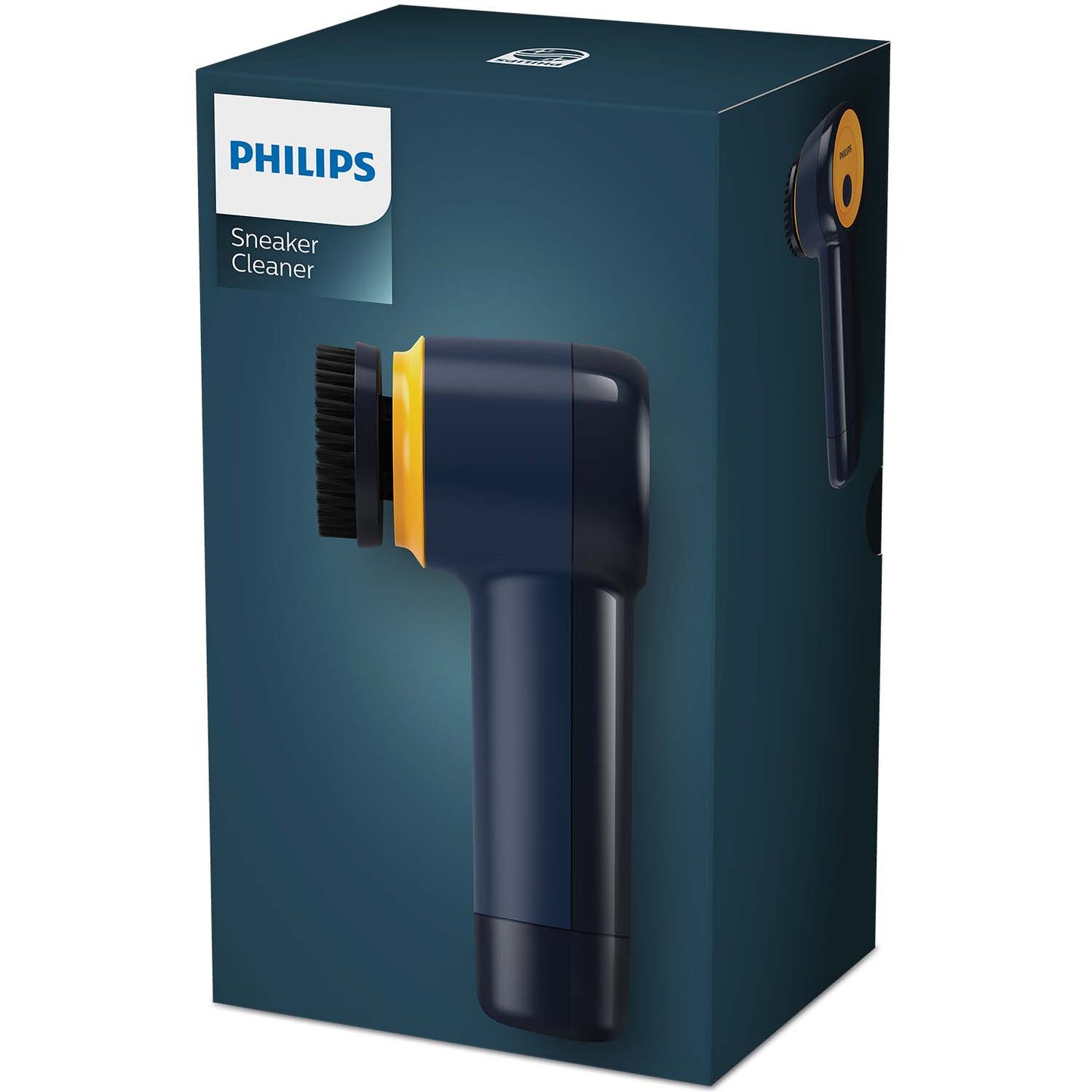 Philips Genopladelig skopudser blå/gul på æske med produktbillede, Philips-logo og teksten Sneaker Cleaner.