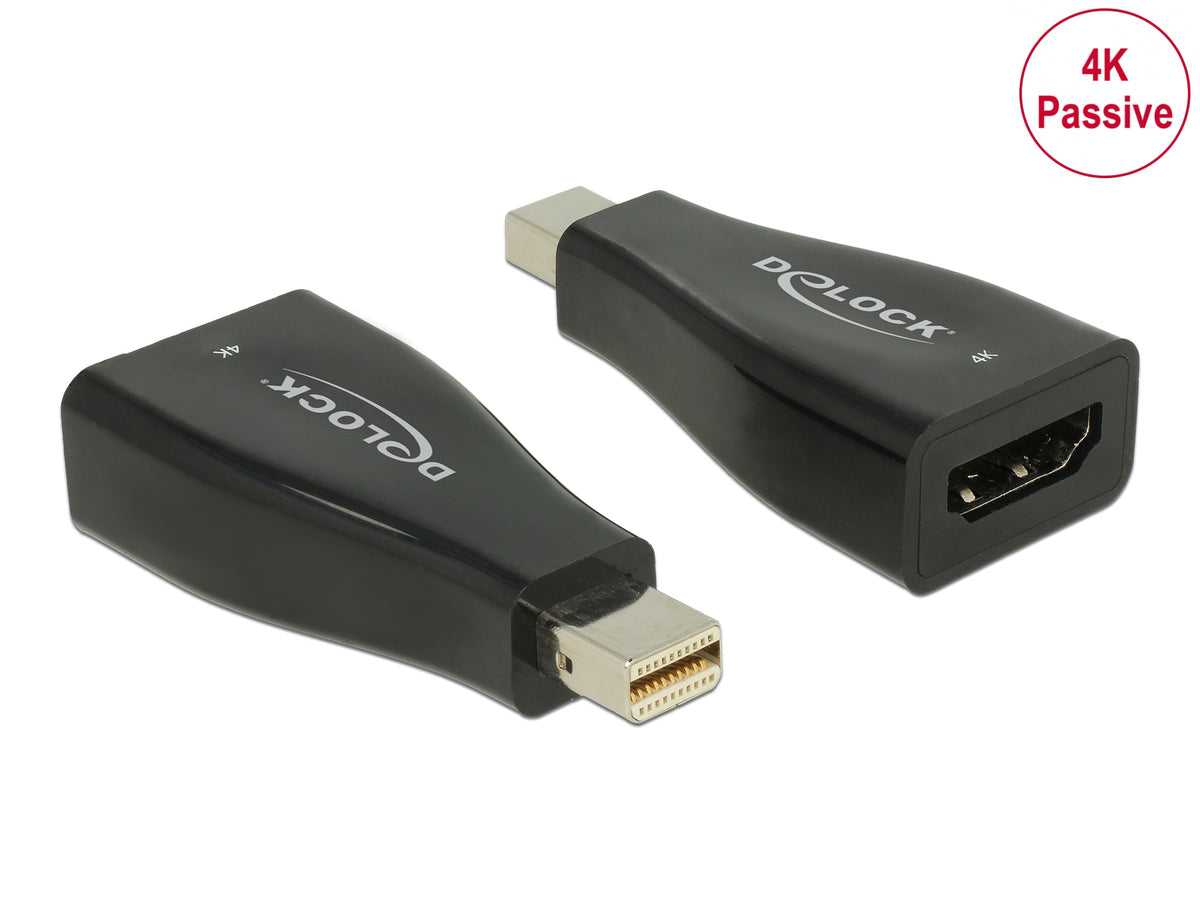 2 stk. DELOCK Mini DisplayPort til HDMI-adapter, sort, 4K30Hz, forgyldet Mini DisplayPort, HDMI-port, »4K Ultra HD Passive«.