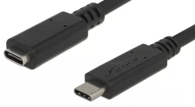 DELOCK USB-C 3.1 forlængerkabel, han til hun, 1,5 m, sort, vist side om side med stikenderne og kabeldelen synlige, dataoverførsel op til 5 Gbps.