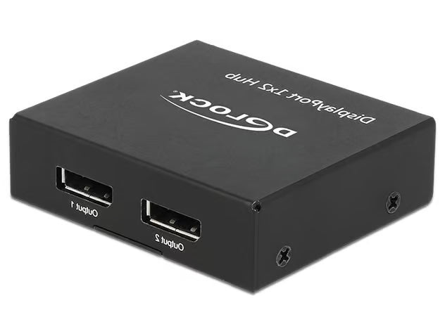 Delock DisplayPort-splitter, 2-vejs, sort, 4K30Hz, med to udgange på forsiden mærket Output 1 og Output 2.