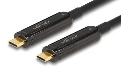 DELOCK aktivt optisk USB-C-kabel, 25 m, med DisplayPort Alternate Mode og 4K60Hz, mærket på stikket.