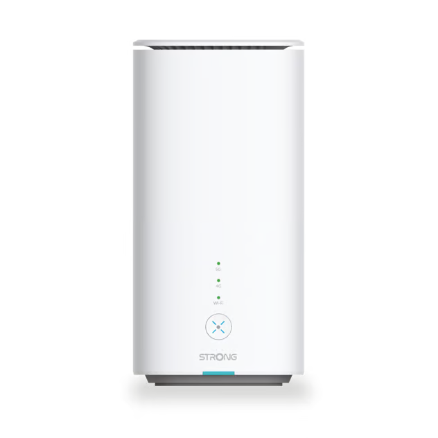 STRONG 5G CPE-router AX3000 i hvid med indikatorer på forsiden, STRONG-logo ved bunden, Wi-Fi 6, SIM-kort, op til 3,2 Gbps.
