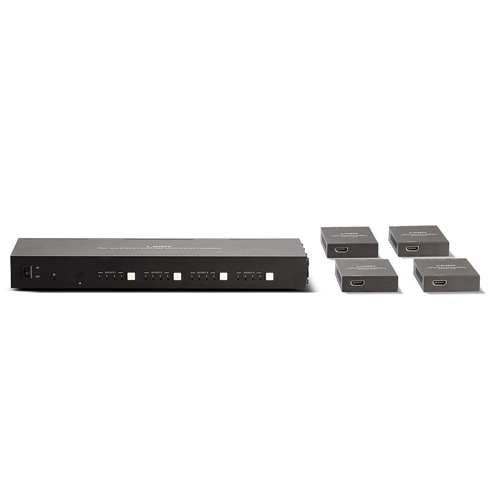 Lindy Cat 6 HDMI Matrix Extender 4x4 4K/60Hz, sort rackmount med frontporte/knapper, 4 slags HDMI 2.0 modtagerenheder.