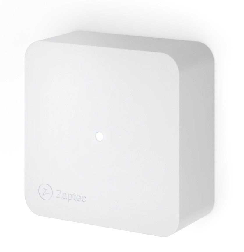 Zaptec Sense HAN RJ45 til elbilopladning, hvid firkantet enhed med afrundede kanter, central LED, HAN RJ45-port.