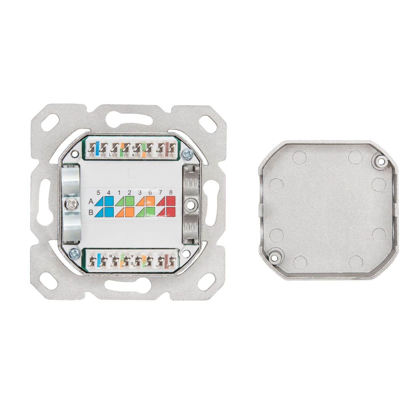 FTP-netværksstik Cat. 6 med 2 porte, synlige ledningsterminaler, farvet ledningsguide, metalfront, RJ45-udtag.