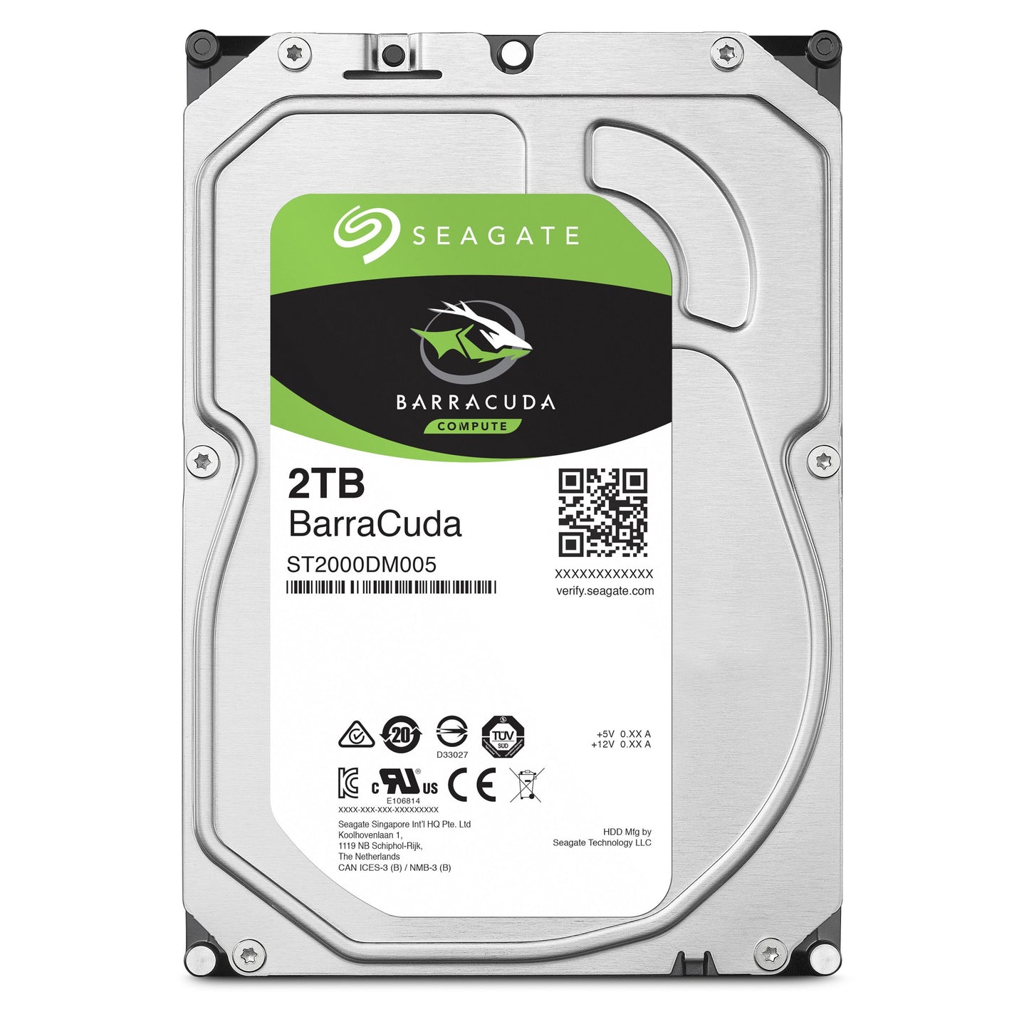Seagate Barracuda 3,5" intern harddisk 2TB, sølv kabinet, grøn/sort label med Barracuda logo.