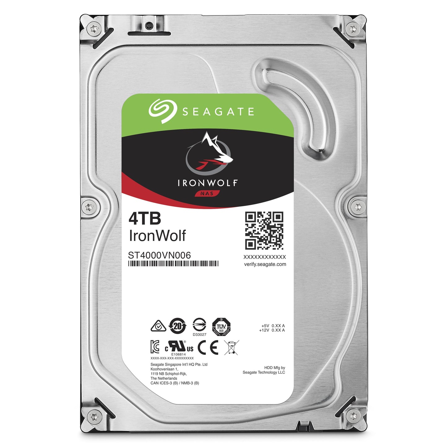 Seagate IronWolf 3,5" intern harddisk 4TB til NAS, model ST4000VN006, label og certifikationslogoer på sølvmetal-kabinet.