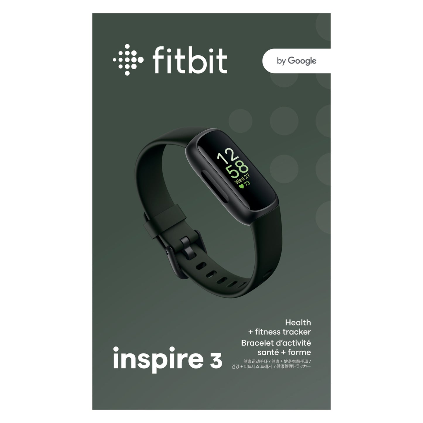 Fitbit Inspire 3 aktivitetsarmbånd Sort/Midnight Zen på emballage med Fitbit-logo, sundhedsovervågning og klokkeslæt.