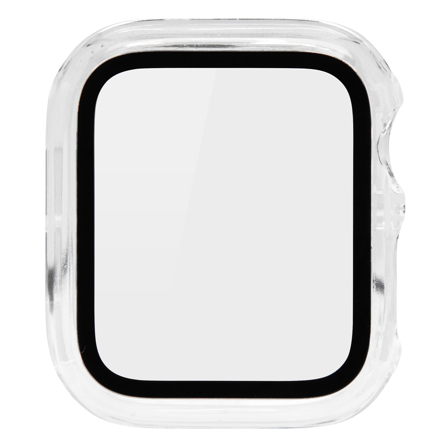 Apple Watch cover 40 mm gennemsigtig plast, afrundet firkant med sort inderside og åbning på siden, skærmbeskyttelse.