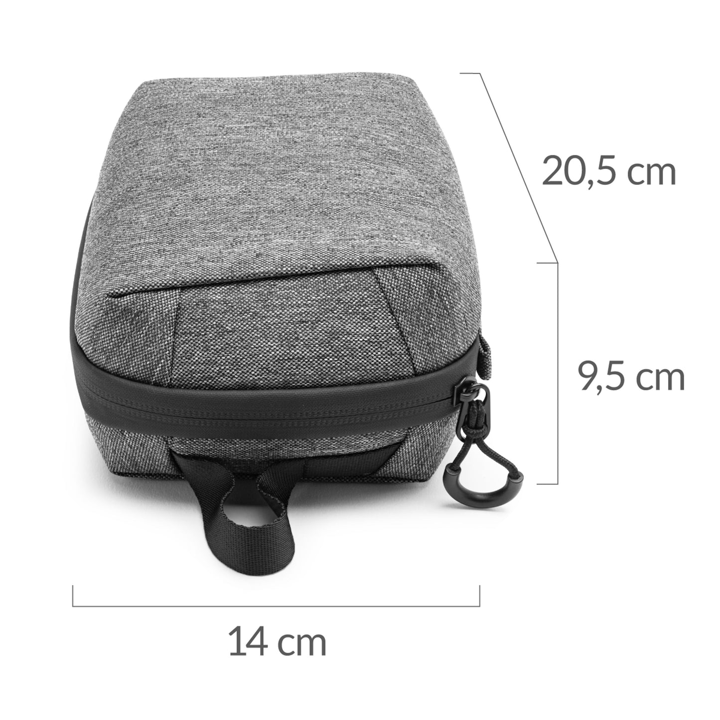 Linocell Teknologitaske grå, rektangulær, vandafvisende nylon, lynlås, sort løkke og clip, 20,5×14×9,5 cm.