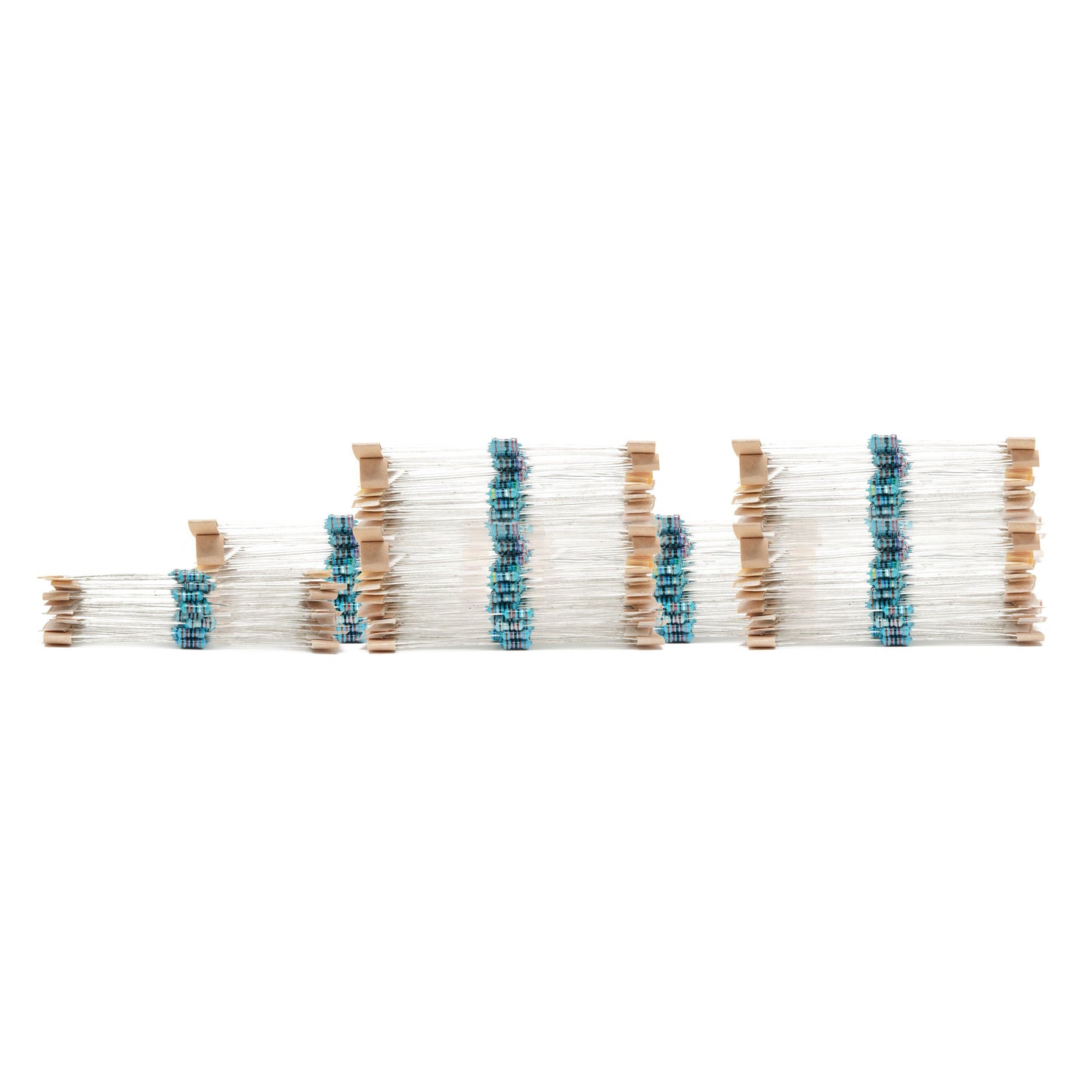 Luxorparts modstandssæt 1460 stk. blå og sortstribede modstande med metalben i tre størrelsesopdelte rækker i papirtape.
