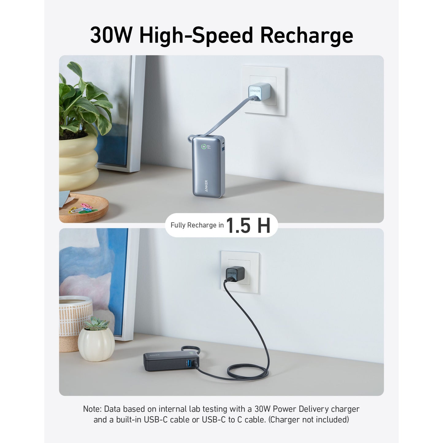 Anker Nano Powerbank 30W 10000mAh sort oplades via USB-C til C og USB-A til C, tekst viser hurtig opladning 1,5 gang.