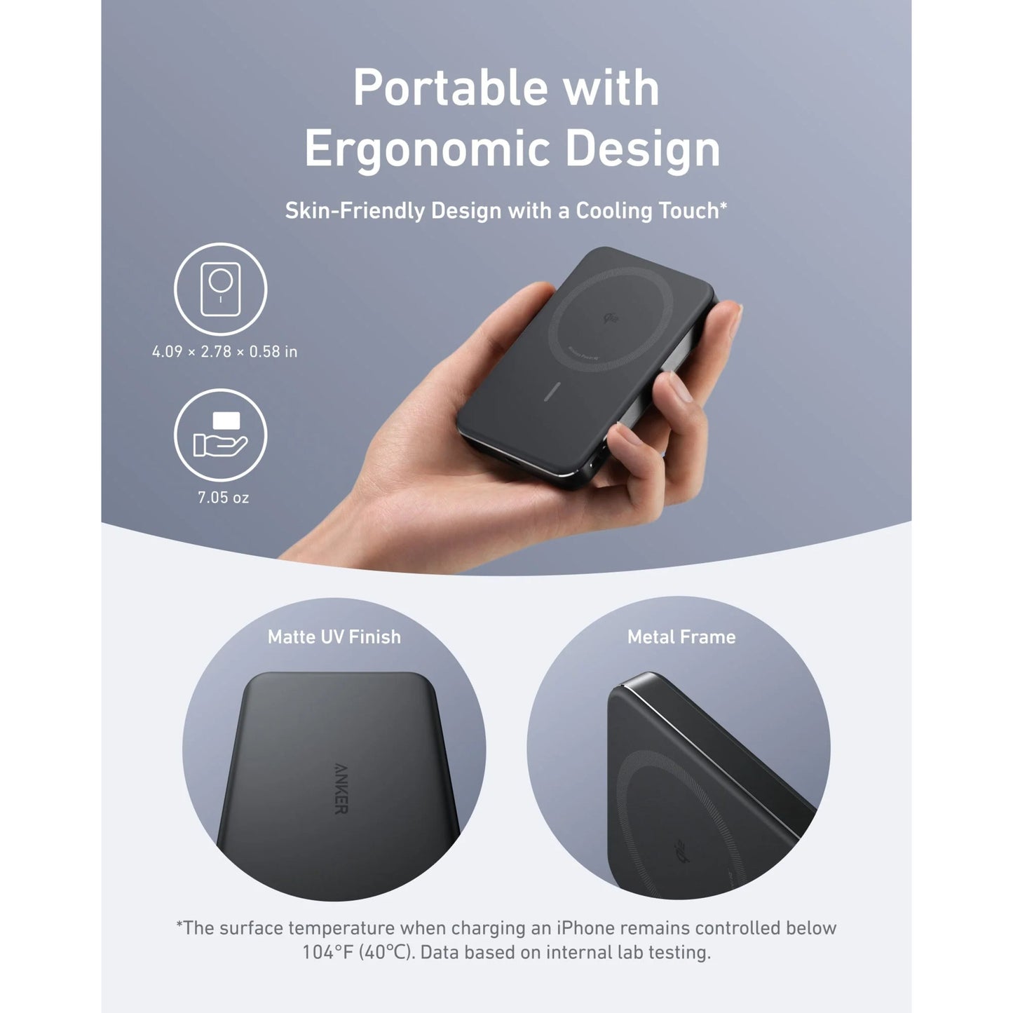 Anker MagGo Powerbank Slim 10000mAh sort, cirkulær opladeflade, metalramme, mat UV-finish, vægt 200g.