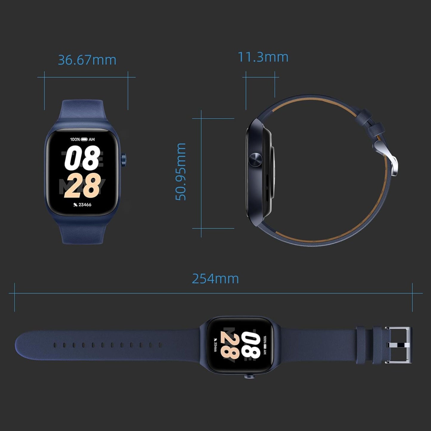Mibro Se T2 smartwatch mørkeblå, AMOLED-skærm, 10 dages batteri, rem 254mm, måler 36,67x50,95x11,3mm, display viser 08:28.