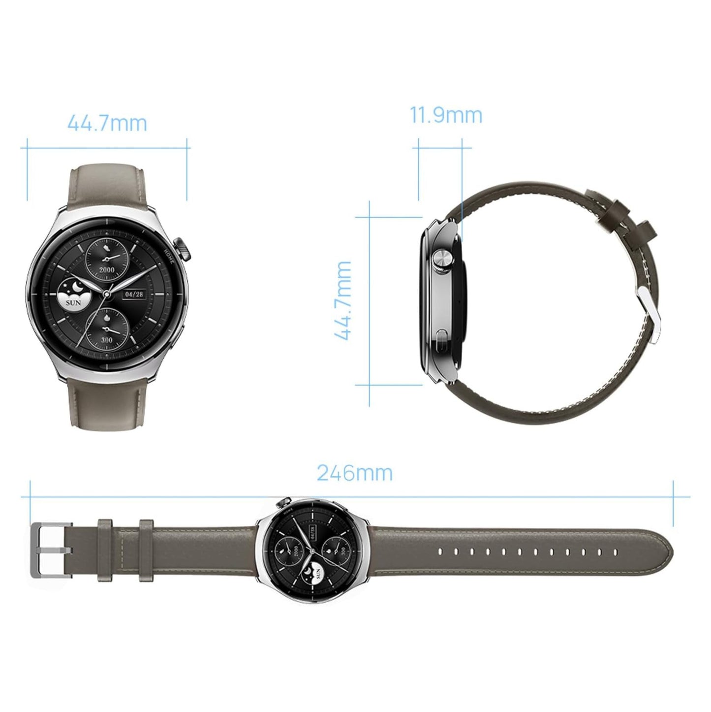 Mibro Watch Lite 3 Pro smartwatch khakigrå, rund sort AMOLED-skærm, khaki-grå rem, 44,7mm urkasse, 11,9mm tyk, 246mm rem.