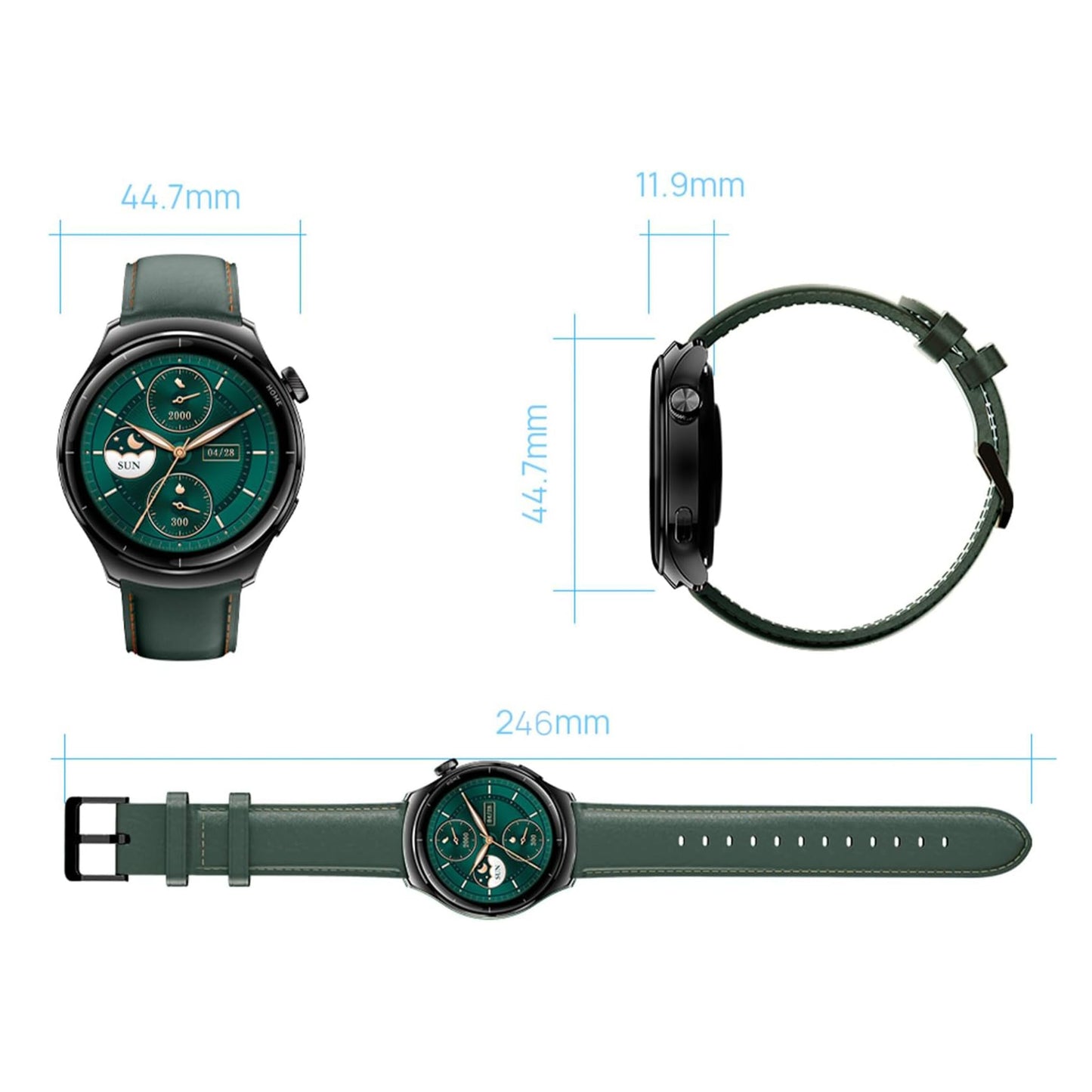 Mibro Watch Lite 3 Pro smartur sortgrøn med rund AMOLED-skærm, grøn rem, vises forfra, fra siden og fladt, mål vises.