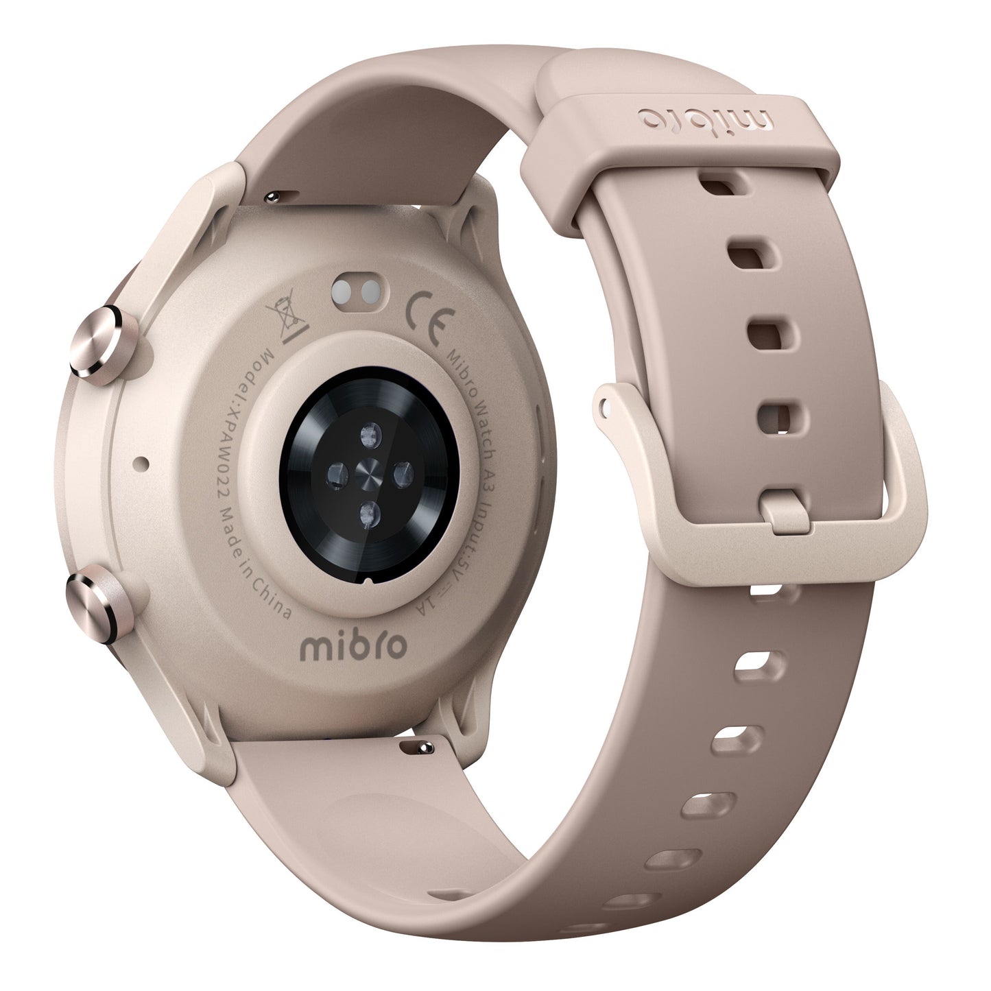 Mibro Se A3 smartur beige set bagfra med sensorer, ladepunkter, justerbar rem og Mibro-logo på urkassen.