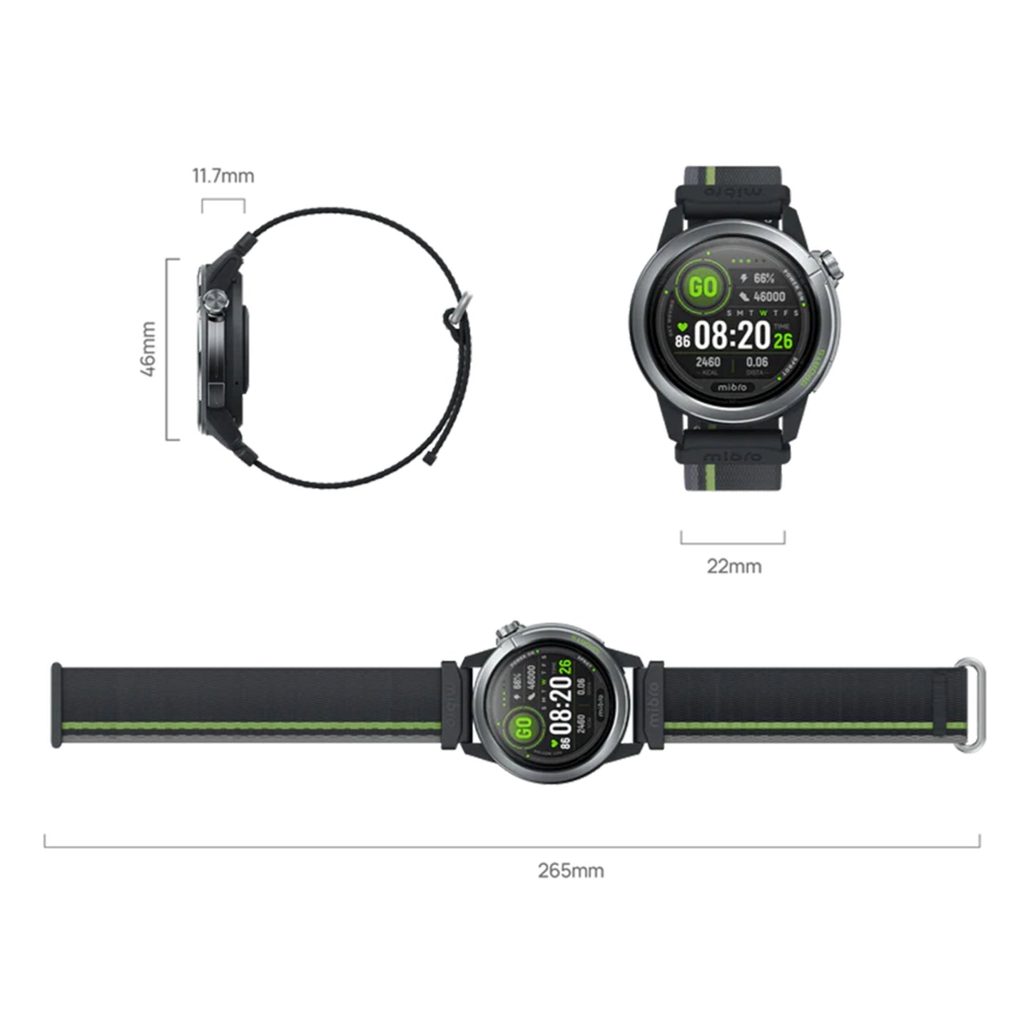 Mibro GS Active2 smartur i mørkegrå med grøn detalje, AMOLED-skærm, 46 mm urkasse, vist med fitnessdata og sportstilstande.