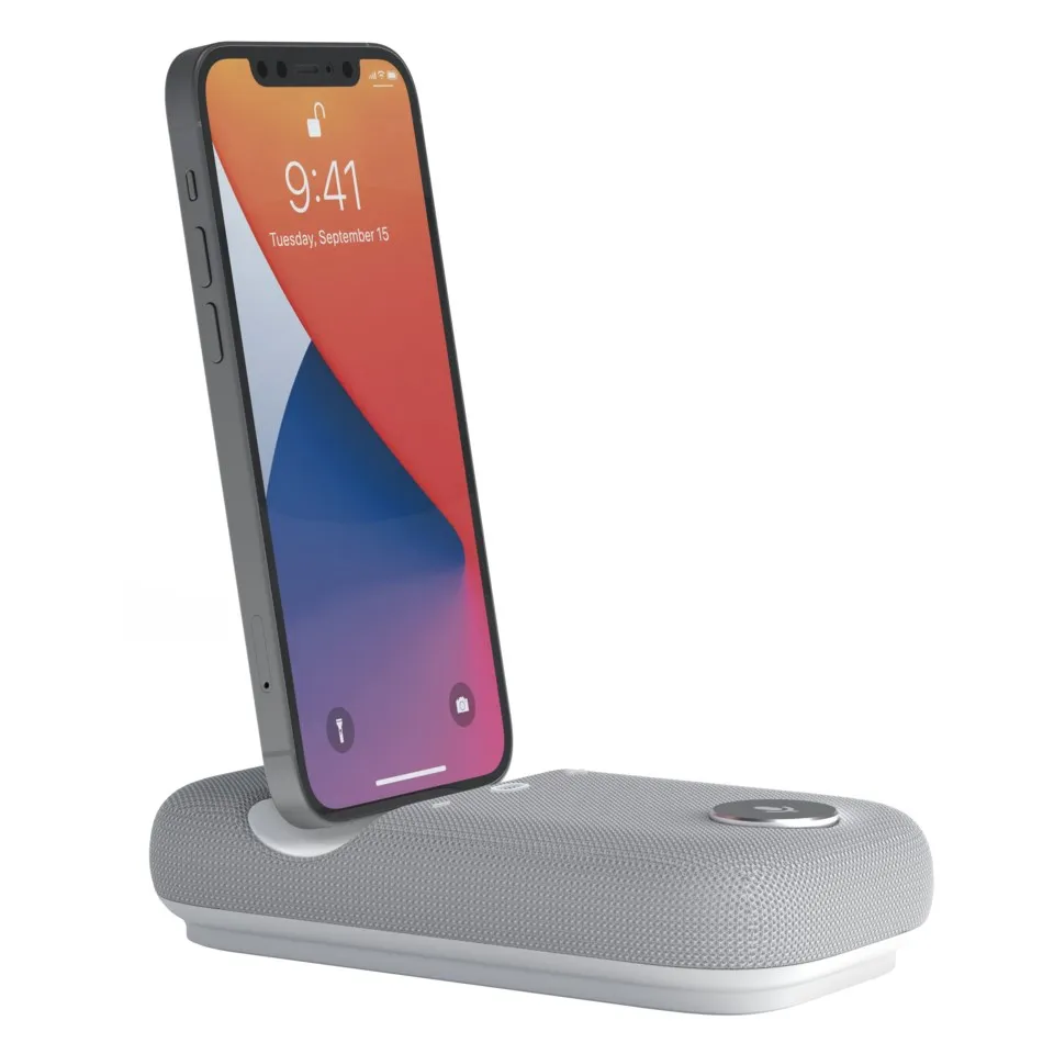 Rayz Rally Pro Lightning konferencehøjttaler grå stof, smartphone docket lodret, rund opladningssymbol vises.