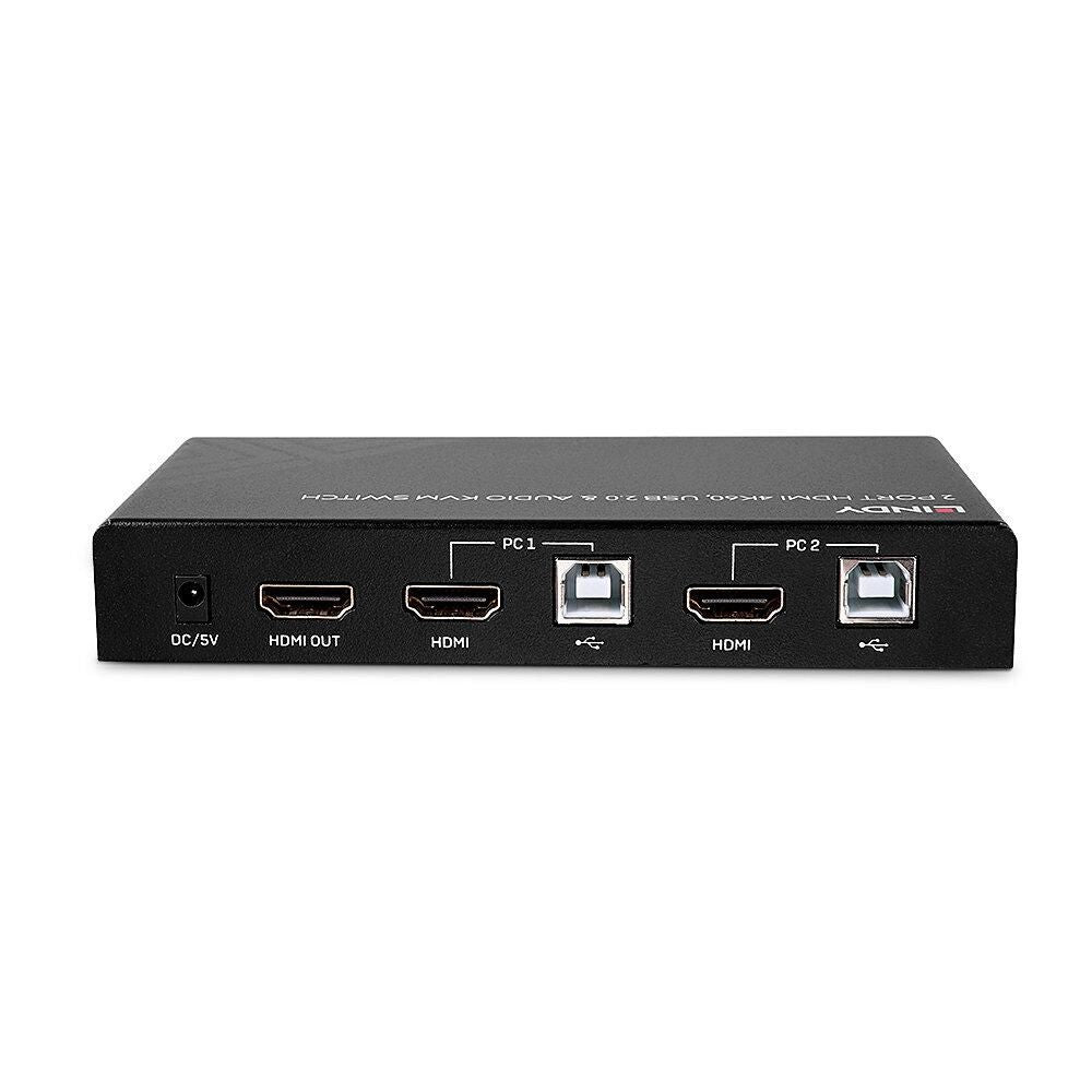 Lindy 2 Port HDMI KVM Switch, 4K60Hz, USB 2.0, Audio, DC/5V strøm, HDMI OUT, porte til PC1 og PC2.