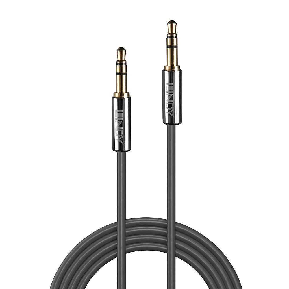 Lindy 3,5 mm lydkabel Cromo Line 2 m, sort, guldbelagt 3,5 mm han-stik i begge ender, vist oprullet.