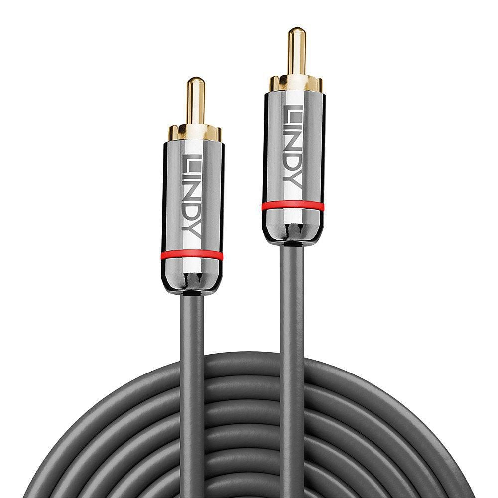 Lindy Digital koaksialkabel Cromo Line 3 m grå, guldstik, Lindy-logo, rød ring ved stik til identifikation.