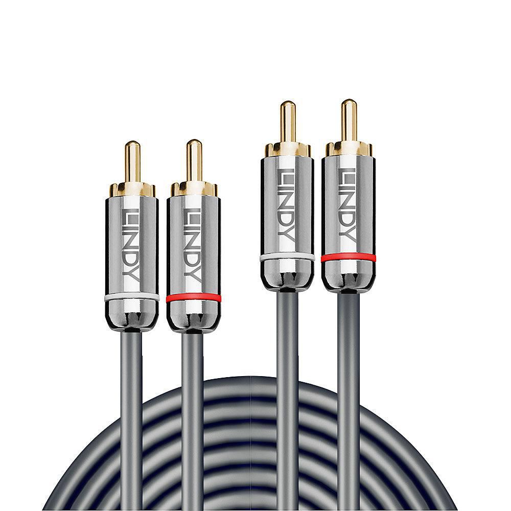 Lindy Dual Phono Audio Cable Cromo Line 1m, grå spiral RCA med guldbelagte stik, røde og hvide ringe, Lindy-logo.