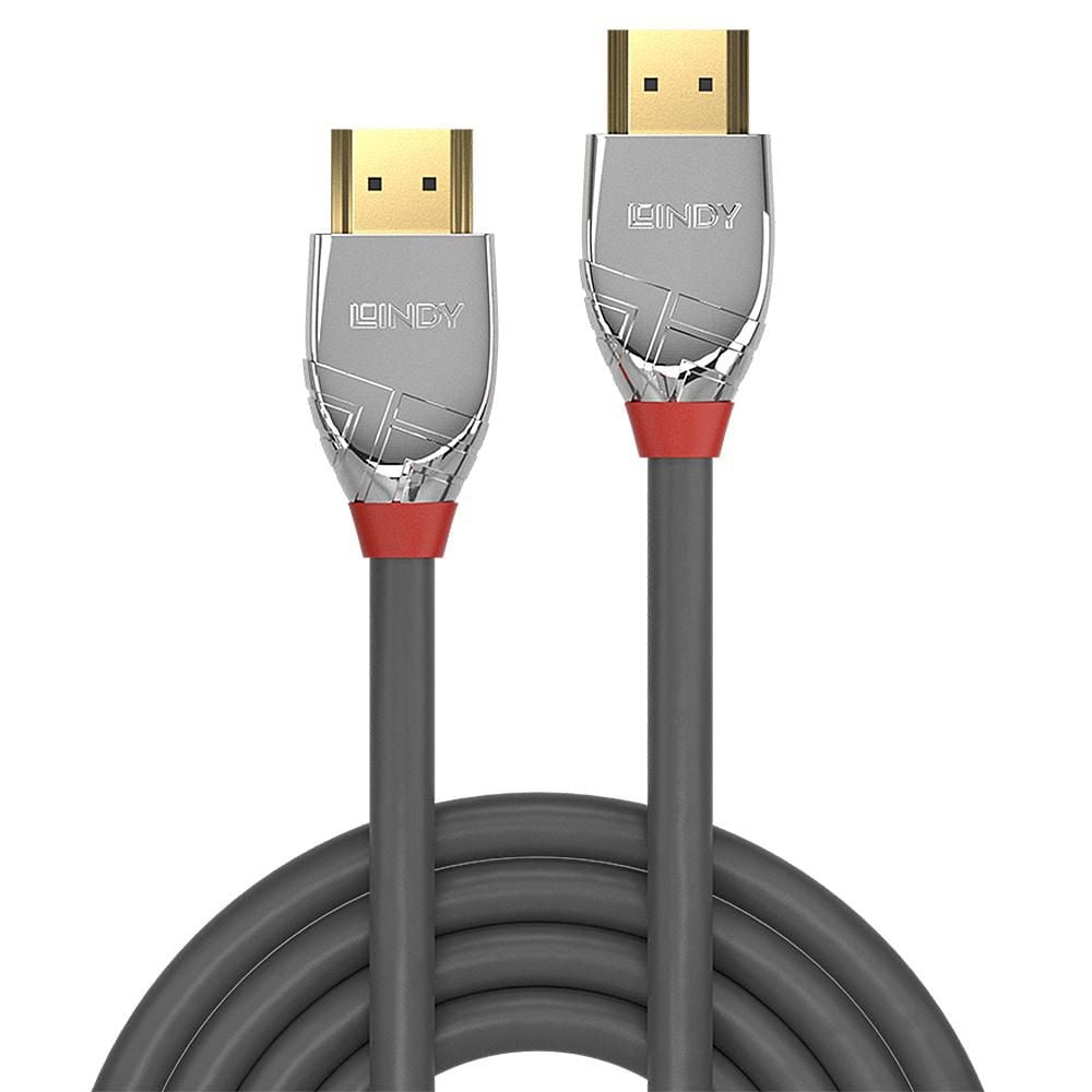 Lindy HDMI 2.0 Cromo Line kabel 7,5m sort, sølv stik med røde detaljer, Lindy logo på metalkontakter.