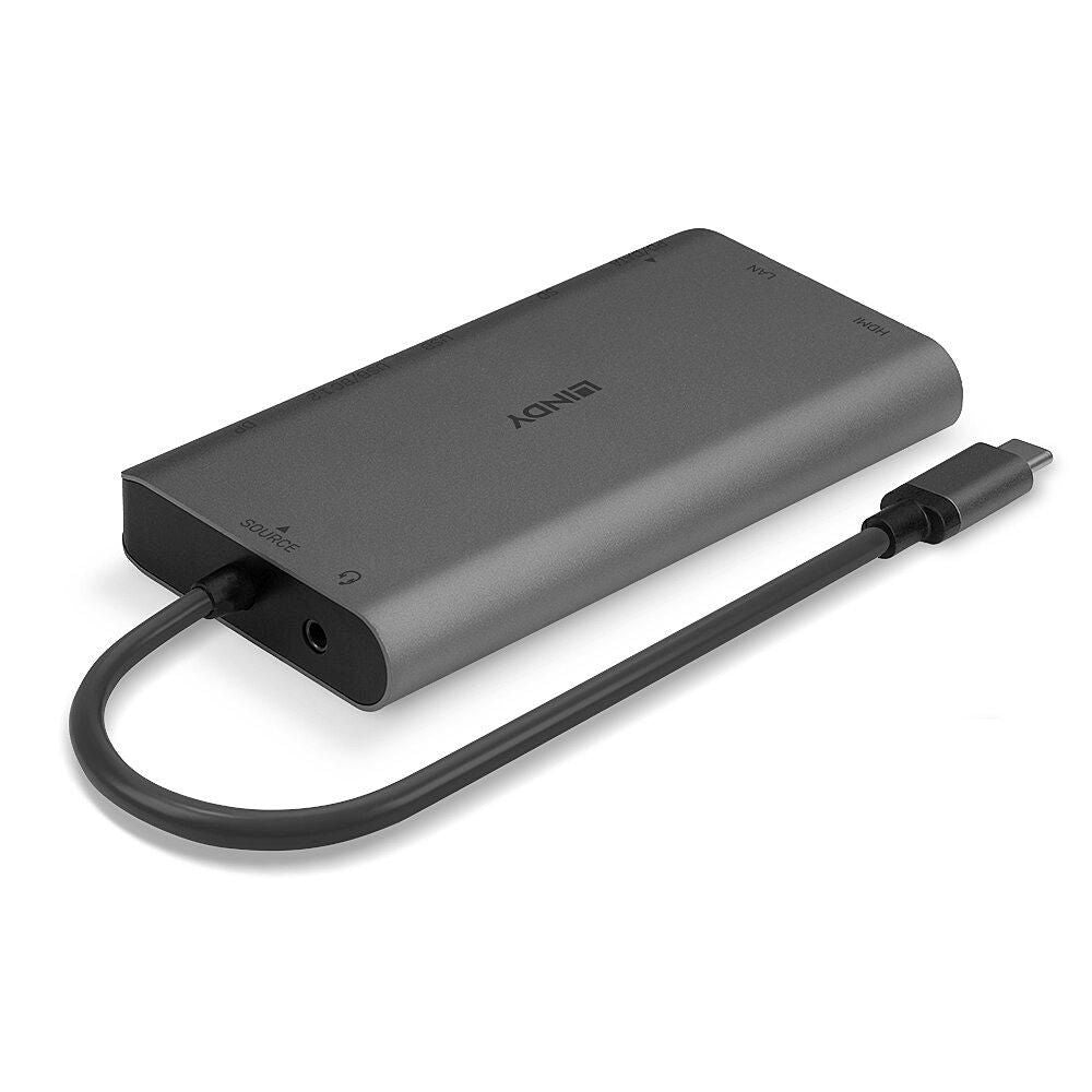 Lindy DST-Mini XT grå USB-C multiadapter med LAN- og HDMI-port, kort fastmonteret USB-C-kabel og Lindy-logo på toppen.