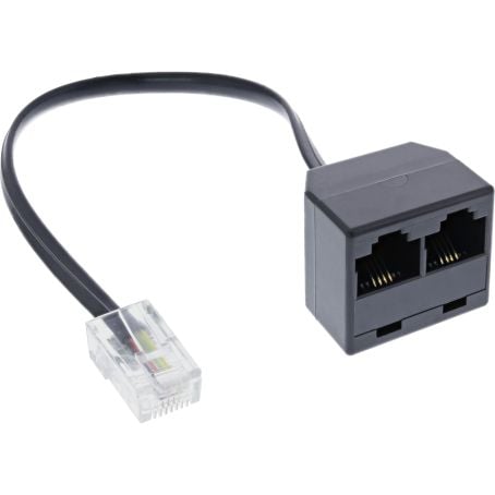 ISDN-splitter RJ45 8P4C uden modstande, sort kabel, én han og to hun-porte til netværk med RJ45 8P4C-standard.