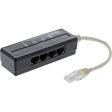 Sort RJ45 4-vejs telefon-port splitter med fire ethernetporte og kort integreret kabel med ethernetstik.